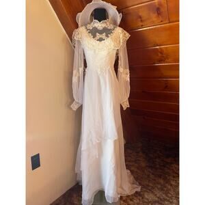 Vintage 70s 80s Victorian Inspired Wedding Dress Cottagecore Bishop Sleeve sz S